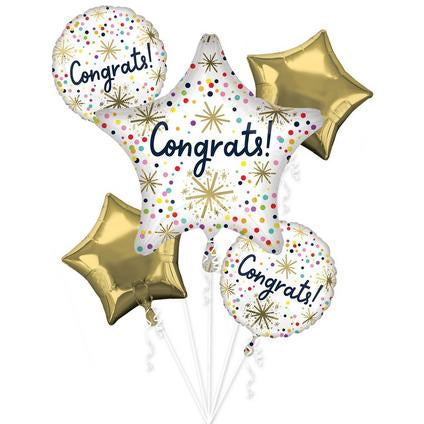 5pc Congrats Foil Balloon Bouquet Gold White Confetti Stars & Rounds Anagram