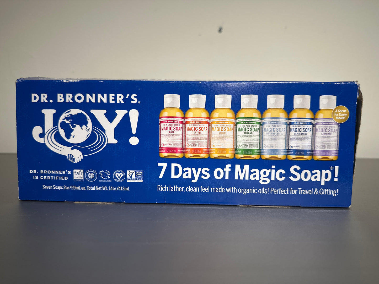 Dr. Bronner’s “7 Days of Magic Soap” Gift Set – 7 Mini Bottles (2 oz Each)