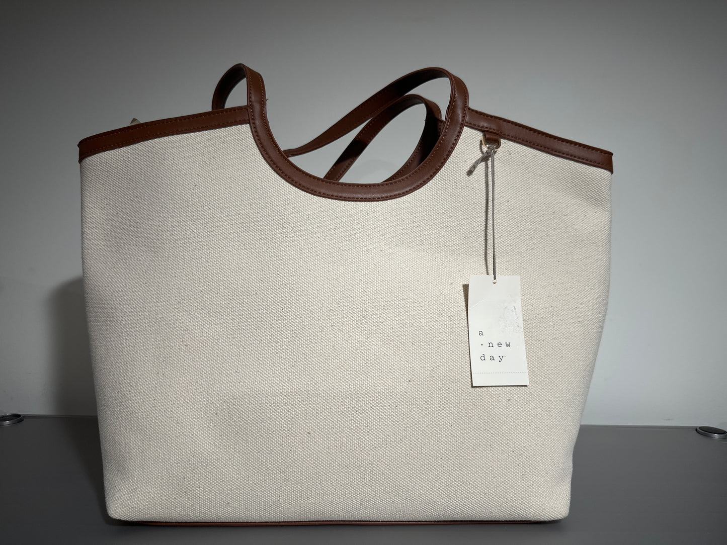 A New Day Canvas Tote Bag with Faux Leather Trim | Neutral Everyday Shoulder Bag