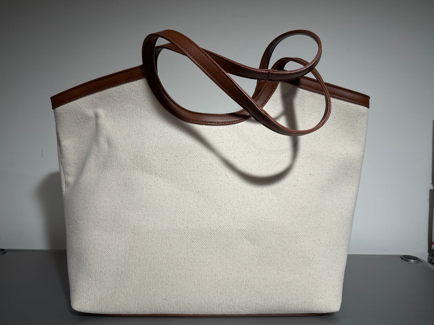 A New Day Canvas Tote Bag with Faux Leather Trim | Neutral Everyday Shoulder Bag