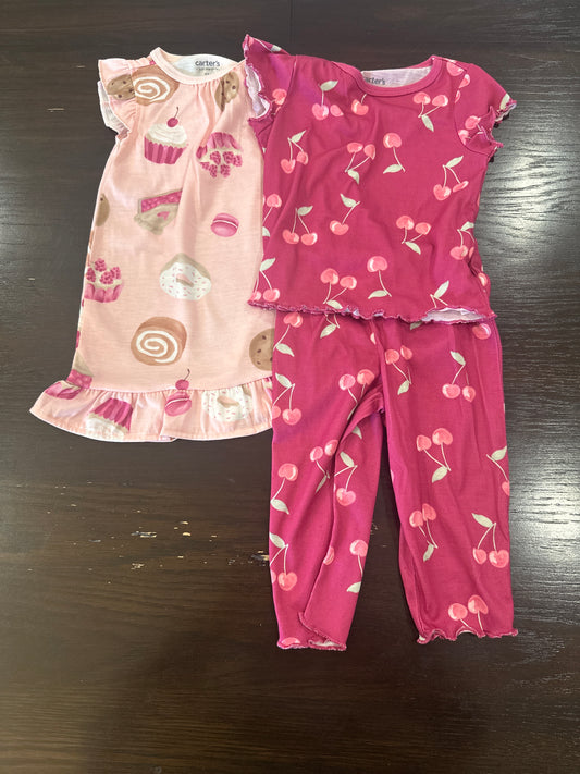 Carter’s Girls’ 2-Piece & Nightgown Pajama Set – Cherry & Dessert Prints