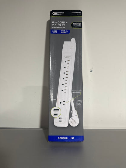 Commercial Electric 6-Ft Surge Protector Power Strip w USB-A & USB-C, 7-Outlet