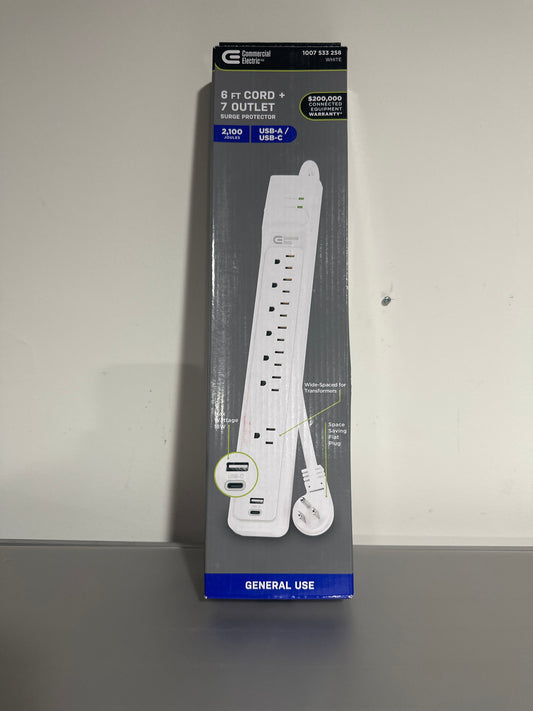 Commercial Electric 6-Ft Surge Protector Power Strip w USB-A & USB-C, 7-Outlet