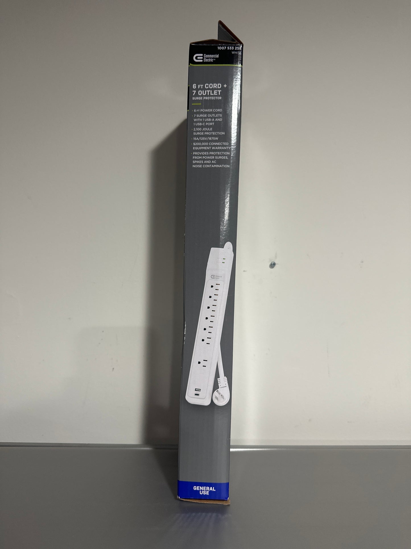 Commercial Electric 6-Ft Surge Protector Power Strip w USB-A & USB-C, 7-Outlet