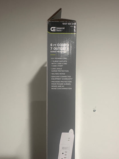 Commercial Electric 6-Ft Surge Protector Power Strip w USB-A & USB-C, 7-Outlet