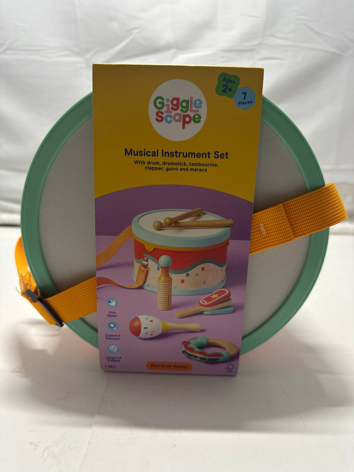 Gigglescape 7 Piece Toddler Musical Instrument Set Drum Tambourine
