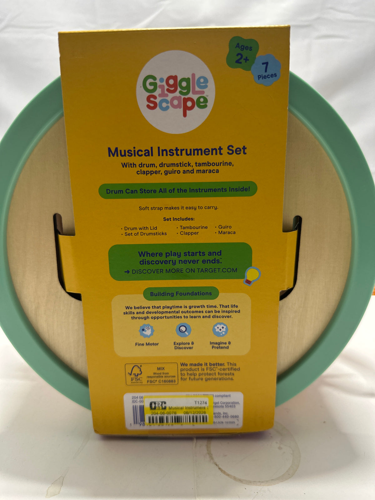 Gigglescape 7 Piece Toddler Musical Instrument Set Drum Tambourine