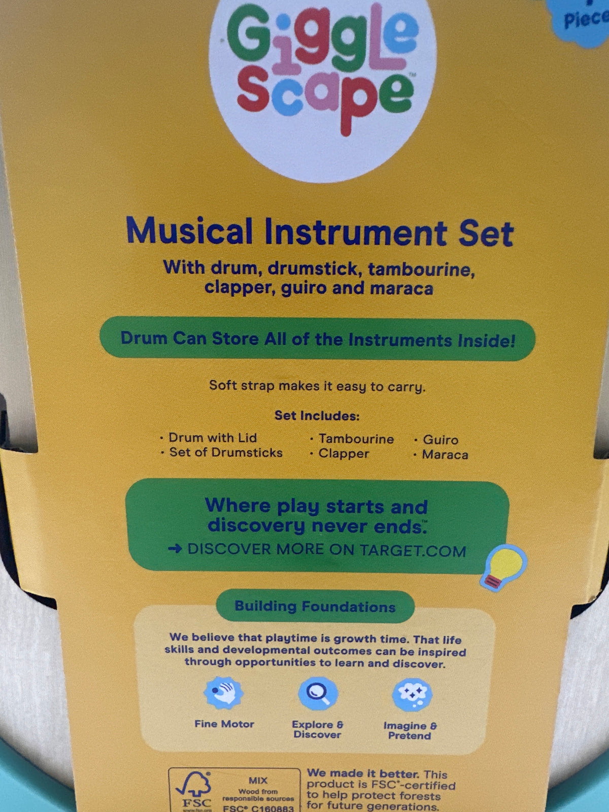 Gigglescape 7 Piece Toddler Musical Instrument Set Drum Tambourine