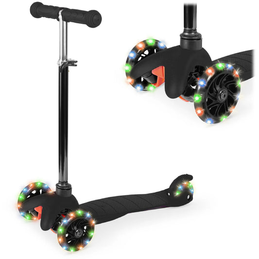 Kids Mini Kick Scooter Toy w/ Colorful Light-Up Wheels, Adjustable T-Bar (Black)
