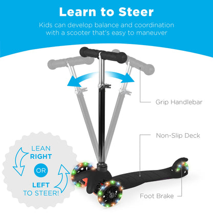 Kids Mini Kick Scooter Toy w/ Colorful Light-Up Wheels, Adjustable T-Bar (Black)