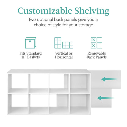 8-Cube Bookshelf, 11in Storage Display w/ Removable Panels, Customizable (White)