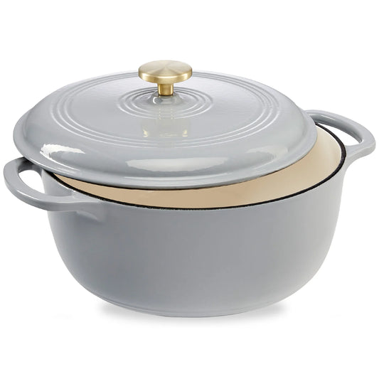 Cast-Iron Dutch Oven Kitchen Cookware w/ Enamel, Handles - 6qt (French Gray)