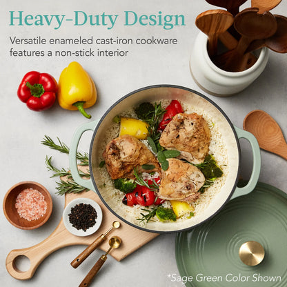 Cast-Iron Dutch Oven Kitchen Cookware w/ Enamel, Handles - 6qt (French Gray)