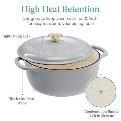 Cast-Iron Dutch Oven Kitchen Cookware w/ Enamel, Handles - 6qt (French Gray)
