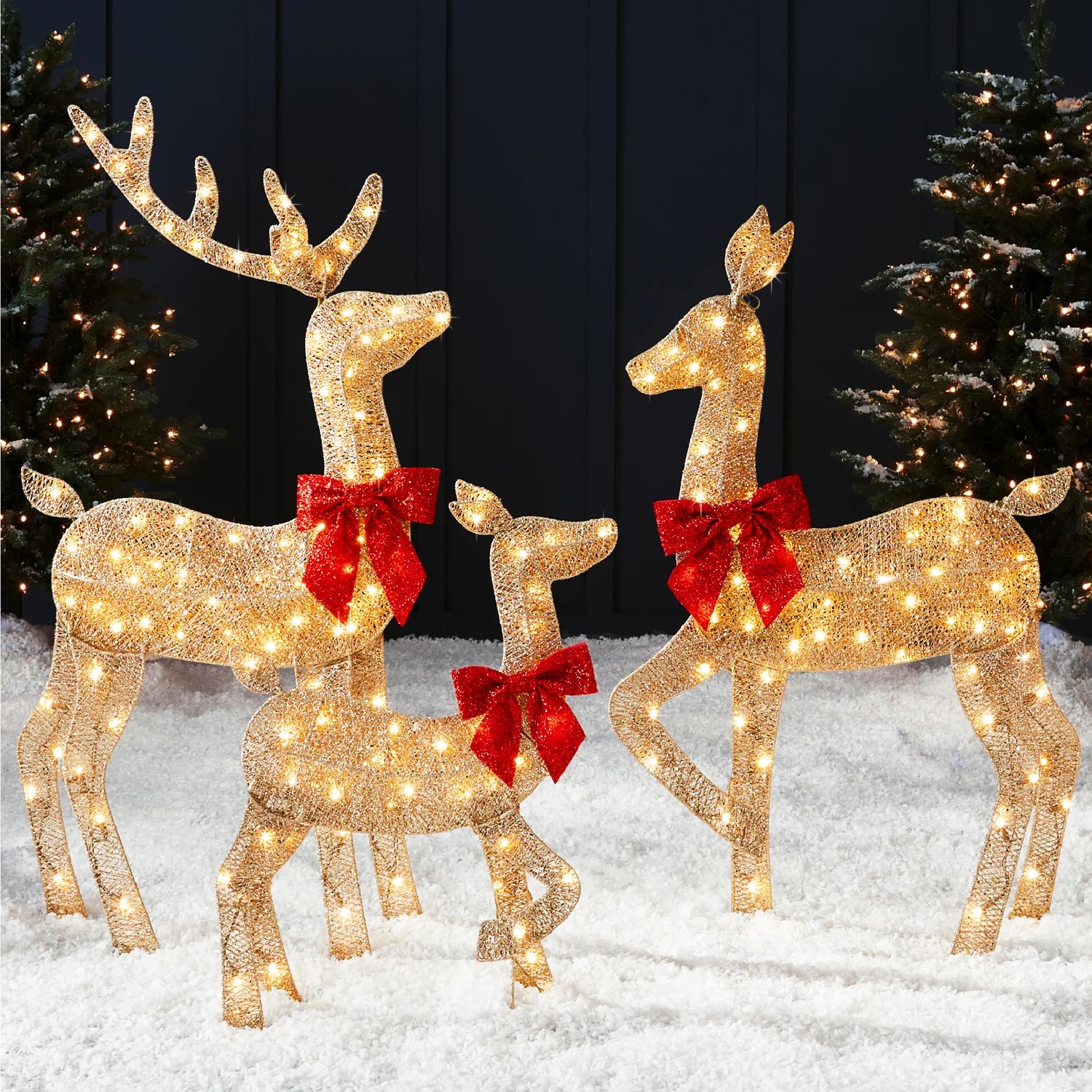 3-Piece Lighted 2D Christmas Deer Set Outdoor Decor w/ 175 LED Lights - 4ft-Gold