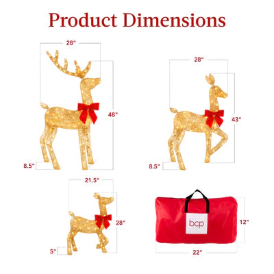 3-Piece Lighted 2D Christmas Deer Set Outdoor Decor w/ 175 LED Lights - 4ft-Gold