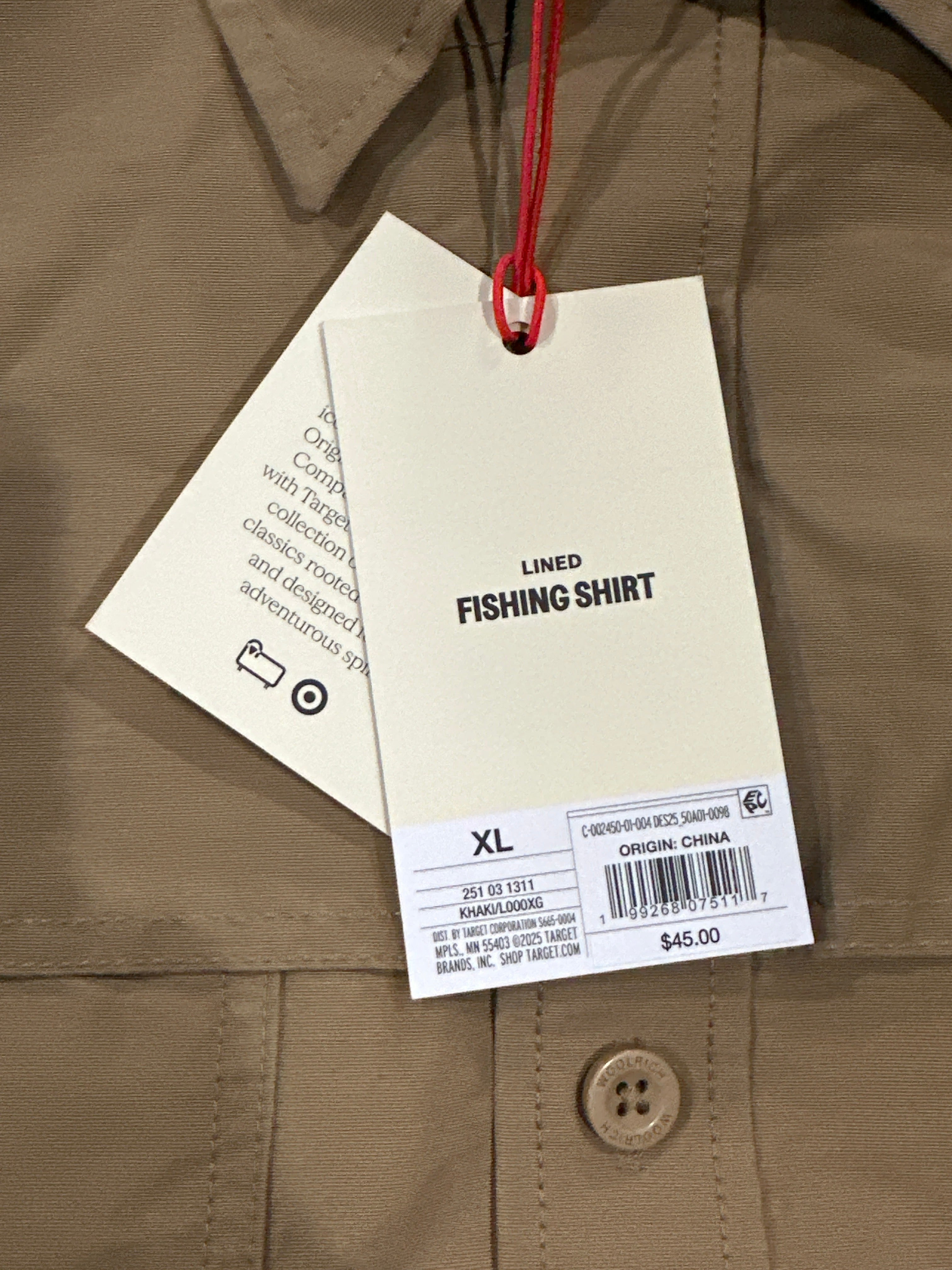 Woolrich Men's Khaki Lined Fishing Shirt Button Up Long Sleeve