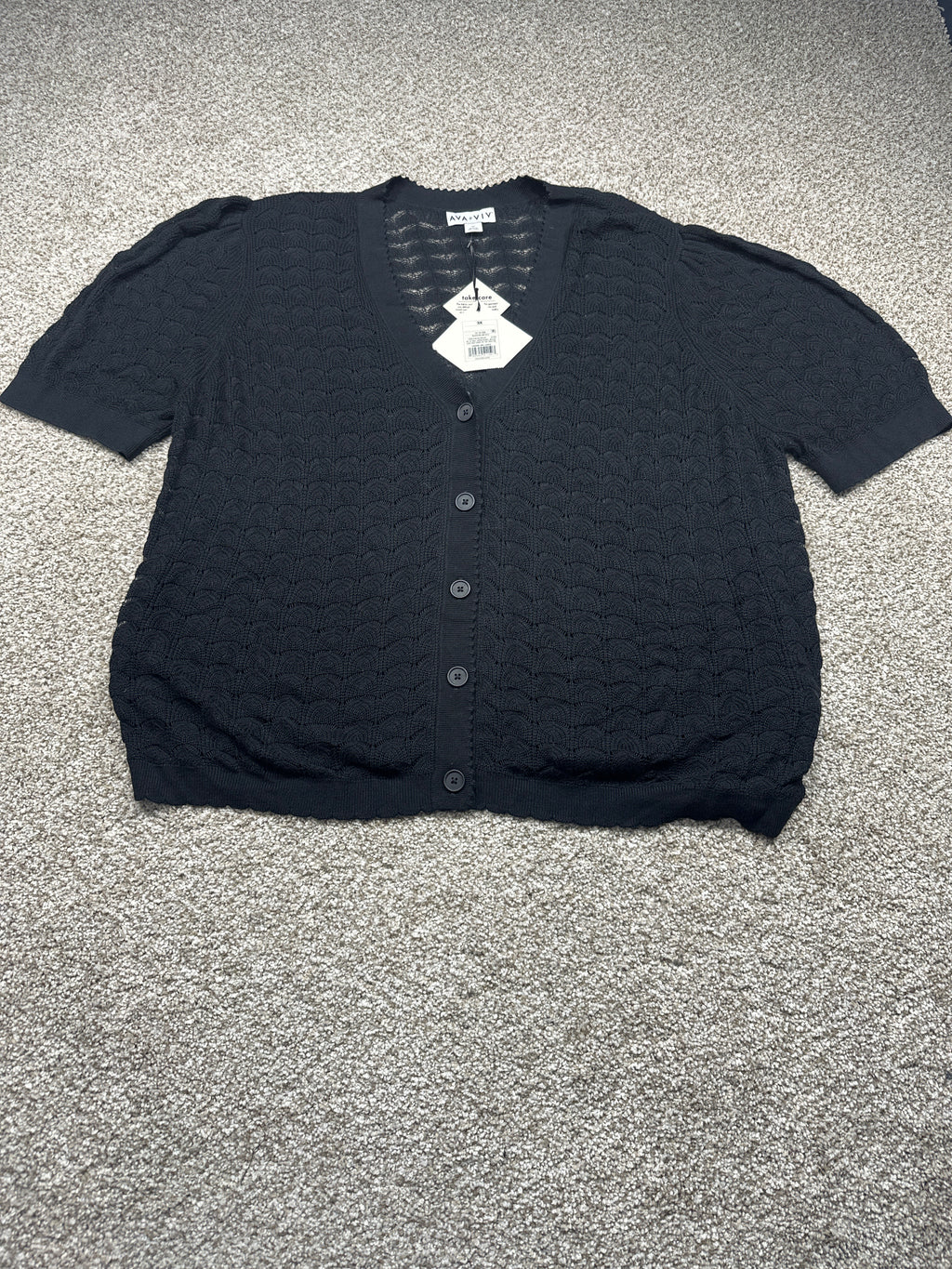 Ava & Viv women's plus black pointelle short sleeve button cardigan, size 3X