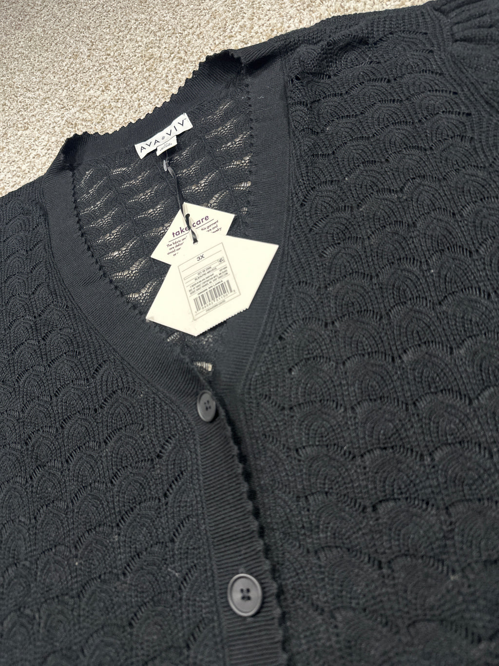Ava & Viv women's plus black pointelle short sleeve button cardigan, size 3X