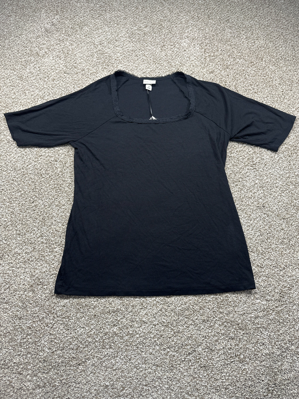 Ava & Viv women's plus black ribbed lace trim short sleeve top, size 1X