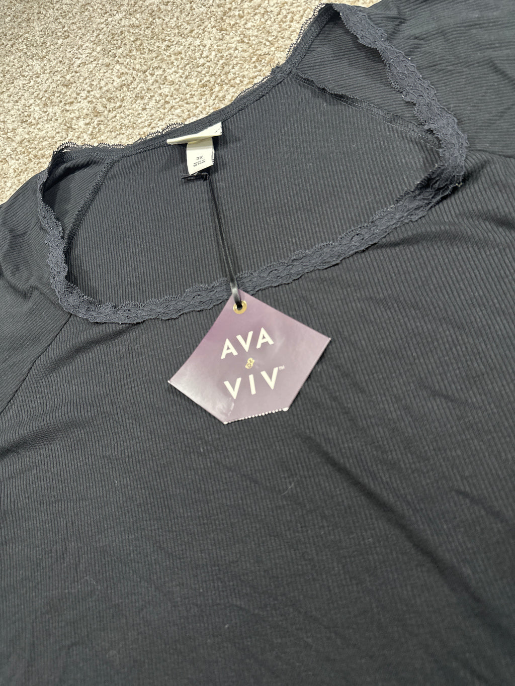 Ava & Viv women's plus black ribbed lace trim short sleeve top, size 3X