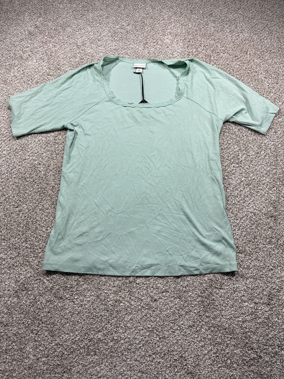 Ava & Viv women's plus green ribbed lace trim short sleeve top, size 1X