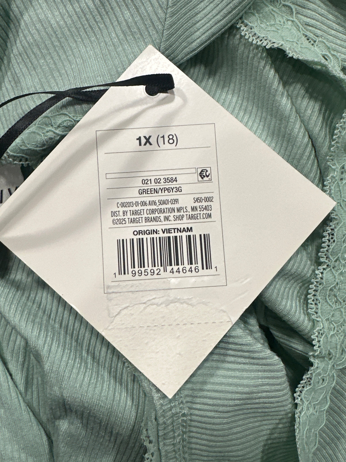Ava & Viv women's plus green ribbed lace trim short sleeve top, size 1X