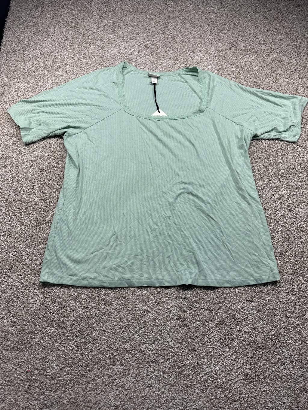 Ava & Viv women's plus green ribbed lace trim short sleeve top, size 3X