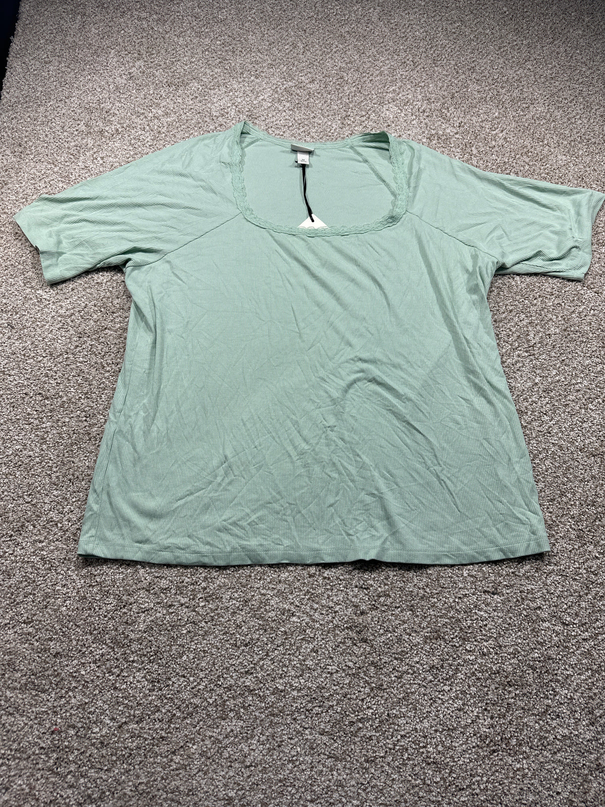 Ava & Viv women's plus green ribbed lace trim short sleeve top, size 3X