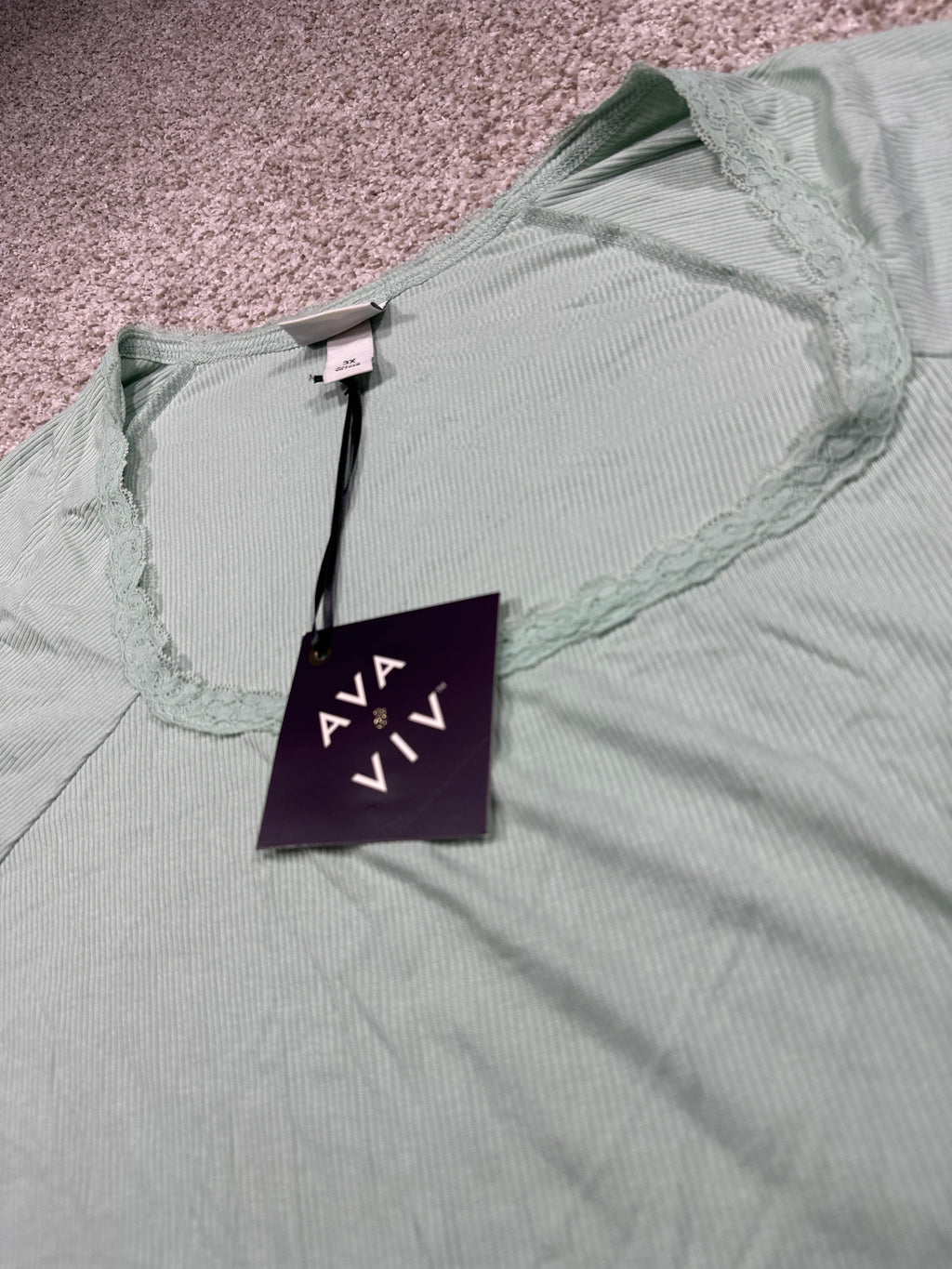 Ava & Viv women's plus green ribbed lace trim short sleeve top, size 3X
