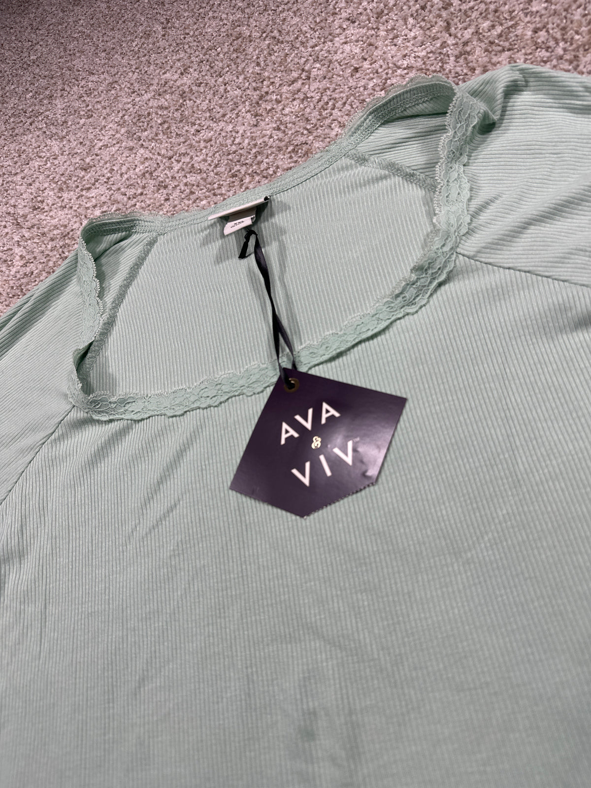 Ava & Viv women's plus green ribbed lace trim short sleeve top, size XXL