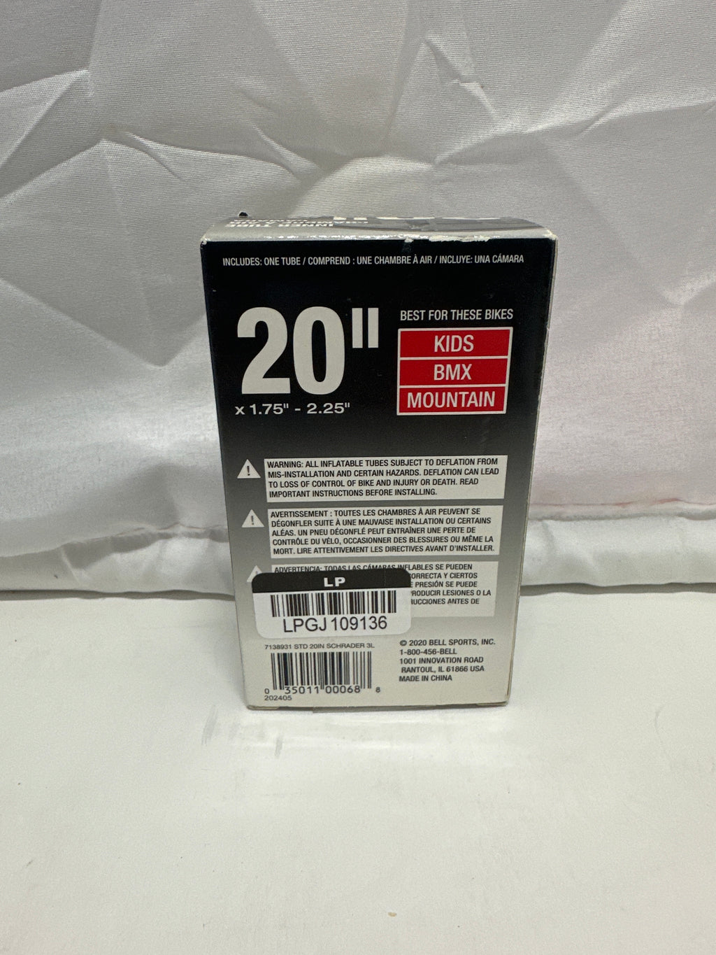 Bell 20 inch bicycle inner tube packaging and instructions