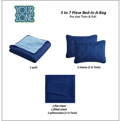 Your Zone Kids Navy Blue and Bright Blue Reversible Quilt Set with Blue Sheets, Stars, Full, 7 Piece, Microfiber Polyester
