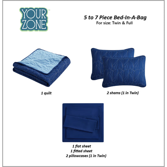 Your Zone Kids Navy Blue and Bright Blue Reversible Quilt Set with Blue Sheets, Stars, Full, 7 Piece, Microfiber Polyester