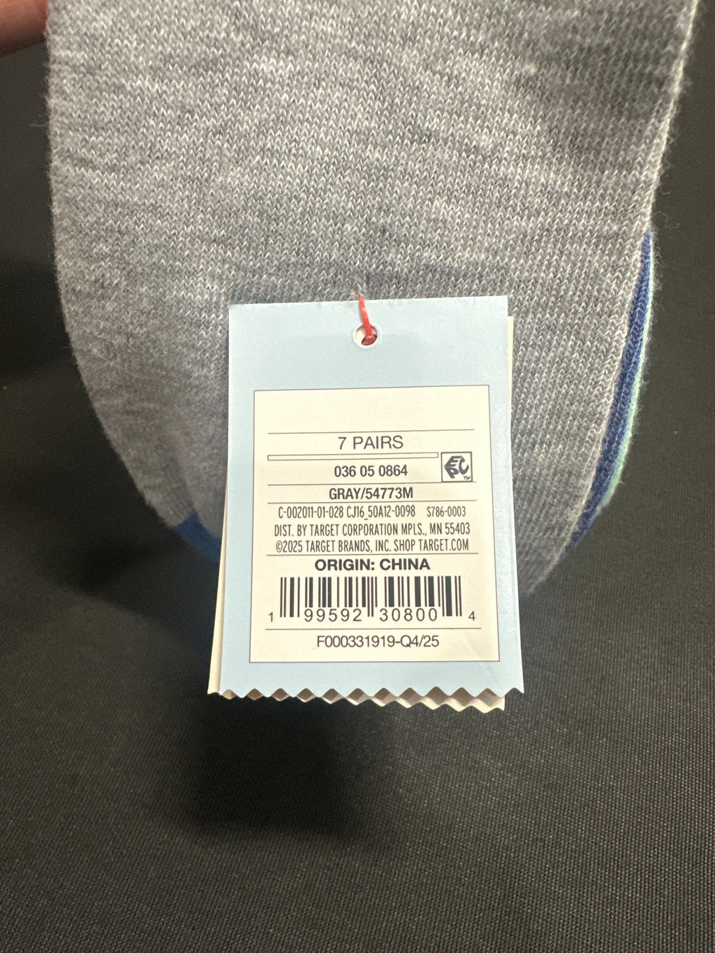 Cat & Jack socks retail tag showing UPC and product details