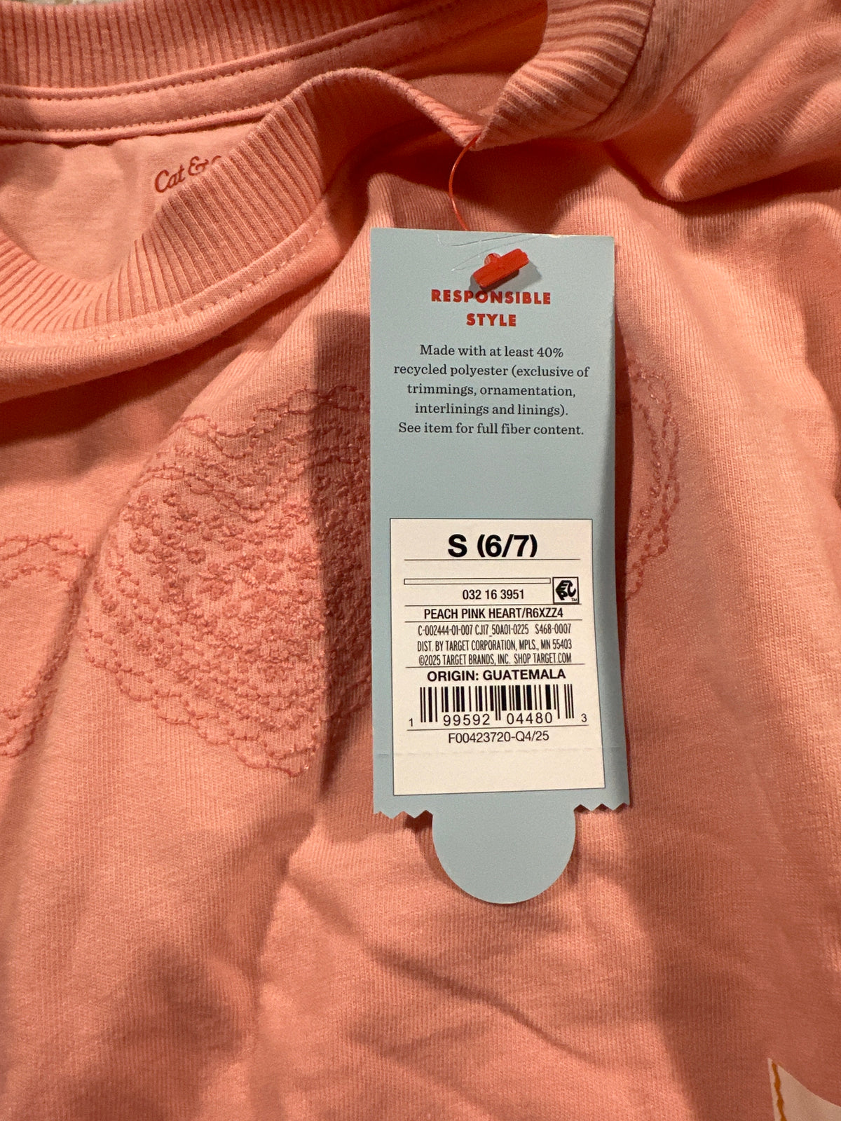 Cat & Jack Girls Peach Pink Heart T Shirt Size S