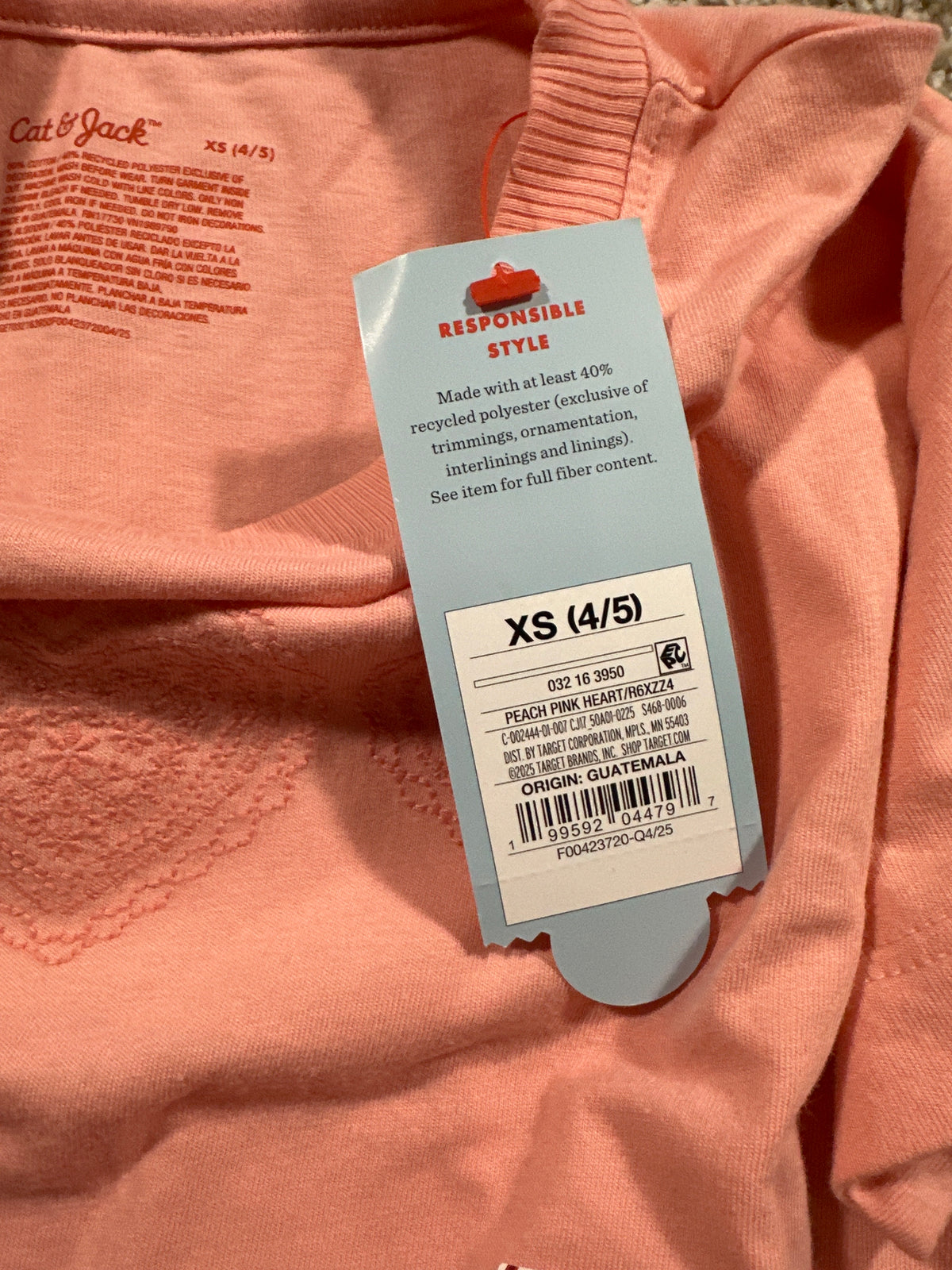 Cat & Jack Girls Peach Pink Heart T Shirt Size XS