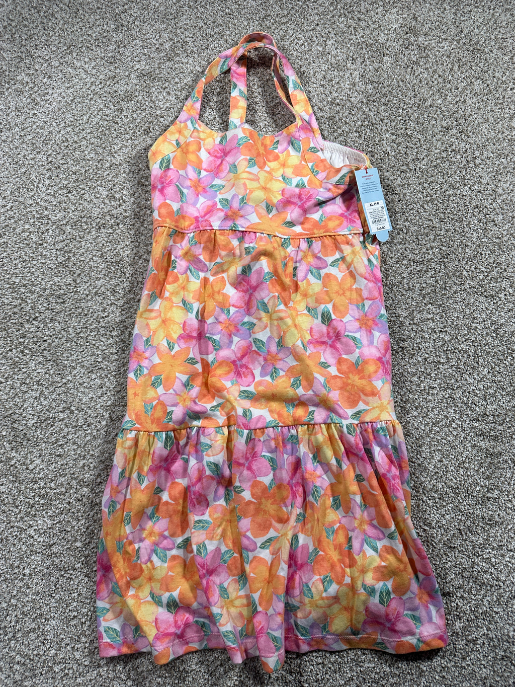 Cat & Jack girls warm tropical floral halter dress, size XL 14