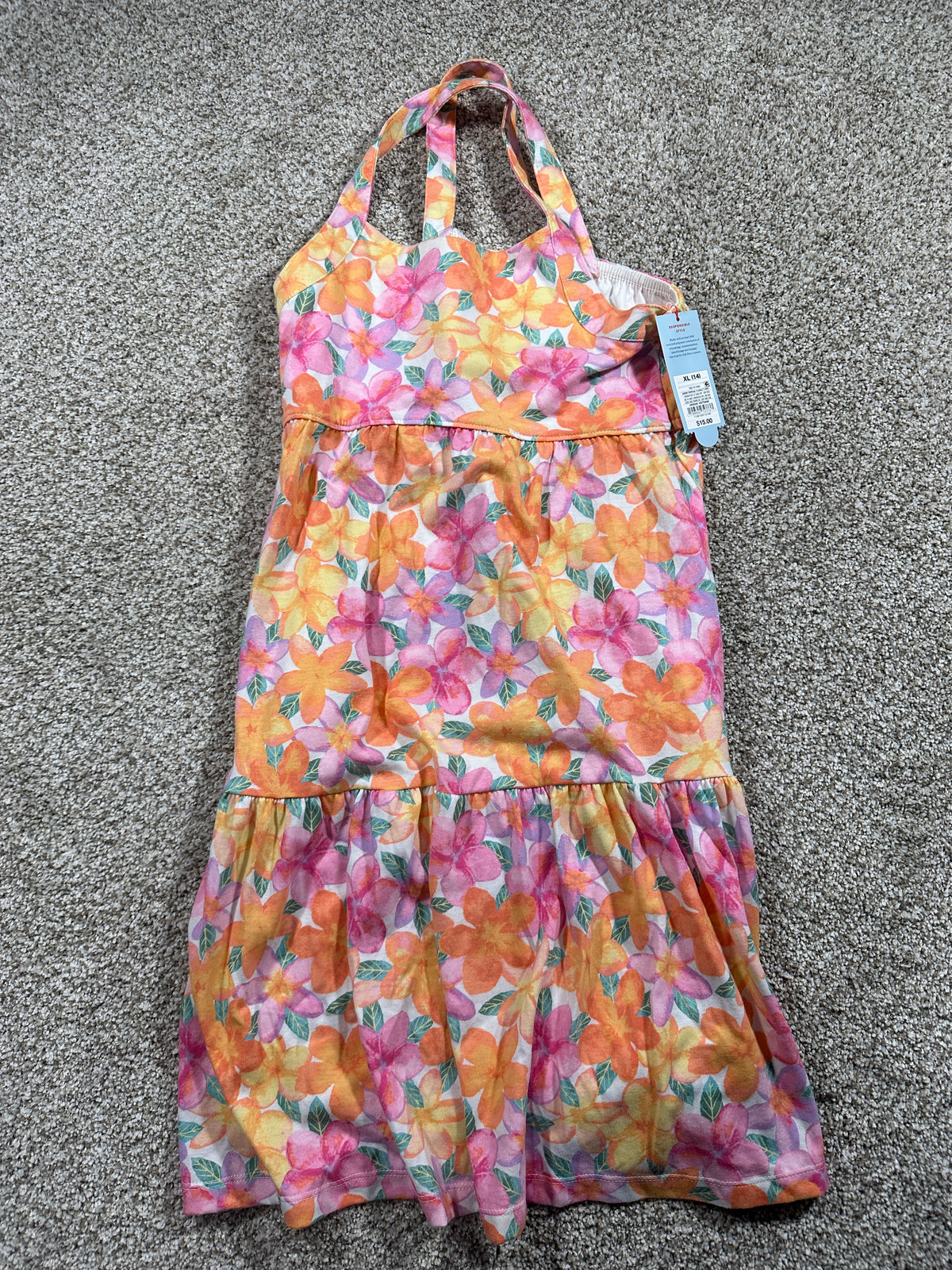 Cat & Jack girls warm tropical floral halter dress, size XL 14
