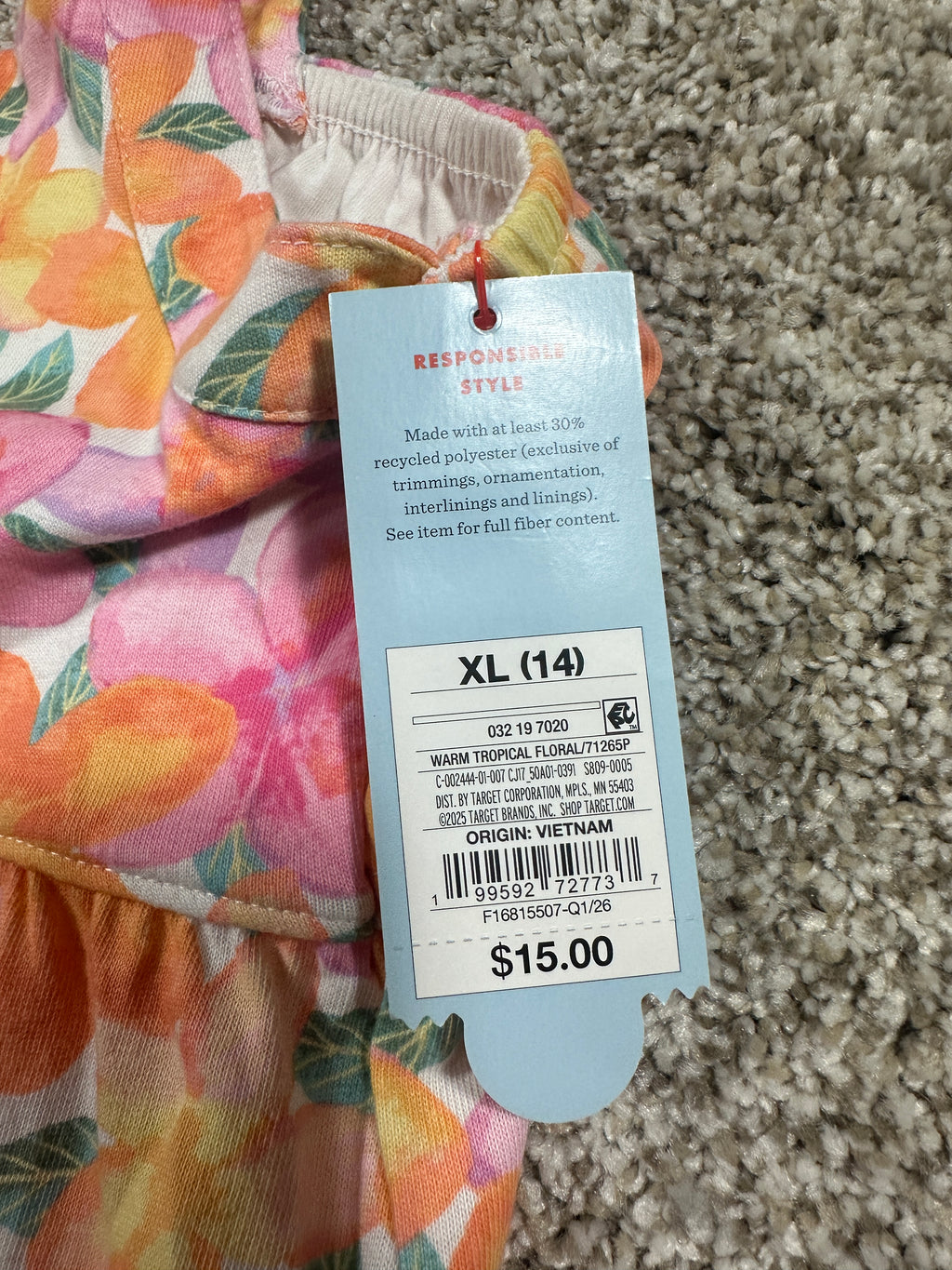 Cat & Jack girls warm tropical floral halter dress, size XL 14
