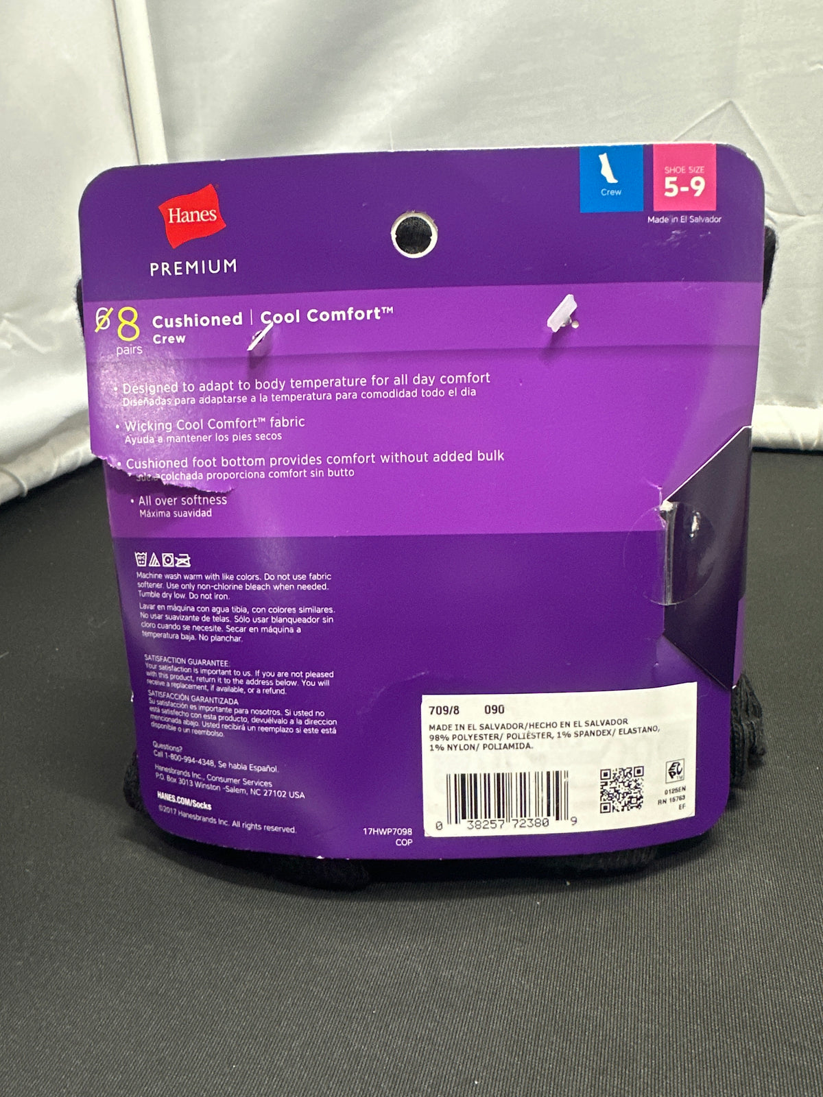 Hanes Women's Cool Comfort Black Crew Socks 8 Pairs 5-9