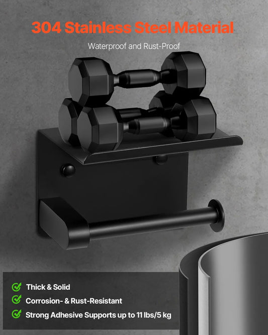 VEVOR Toilet Paper Holder with Shelf, Fits Mega Rolls Size, Stainless Steel Rustproof Material, Wall Mounted with Screws and Double-Sided Tape, Toilet Roll Tissue Holder for Bathroom, Matte Black