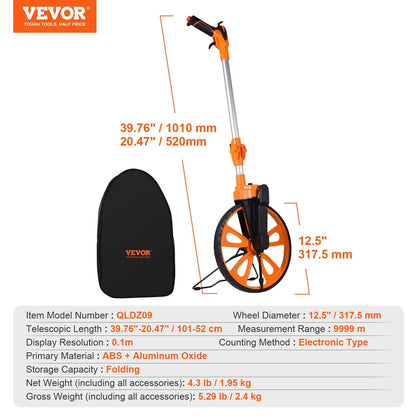 VEVOR Measuring Wheel in Inches, 12.5in Diameter Wheel, Centerline Design w/ Handbrake, 39.76-20.47 in Telescoping Measure Wheel,Measurement 0-9,999m with Bag (bag has damage)