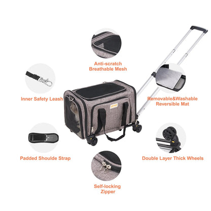 VEVOR Cat Carrier with Wheels, Airline Approved Rolling Pet Carrier with Telescopic Handle and Shoulder Strap, Dog Carrier with Wheels for Pets under 25 lbs, with 1 Folding Bowl, Grey