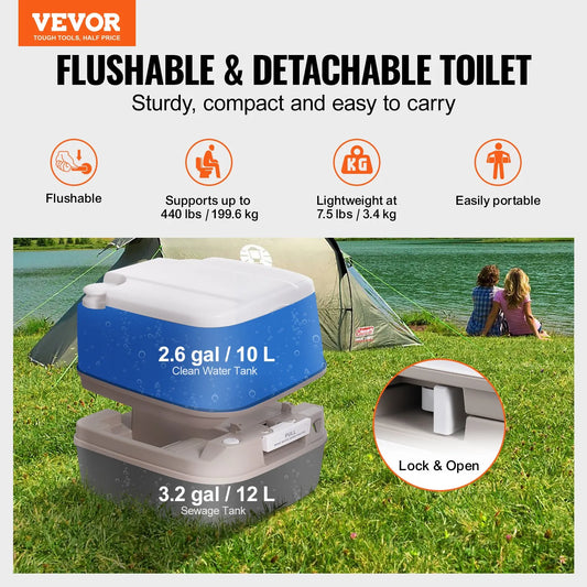 VEVOR Portable Toilet for Camping, Porta Potty with 3.2 Gal Waste Tank & 2.6 Gal Flush Tank, Push-Button Pressurized Flush Commode with Level Indicator, Travel Toilet for Adults Kids Camping Car Trips