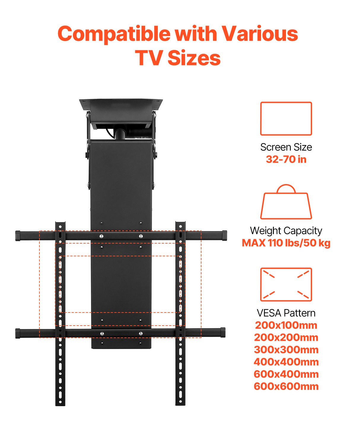 VEVOR Motorized TV Lift Ceiling Mount 32-70" 110lb Remote DT680-A