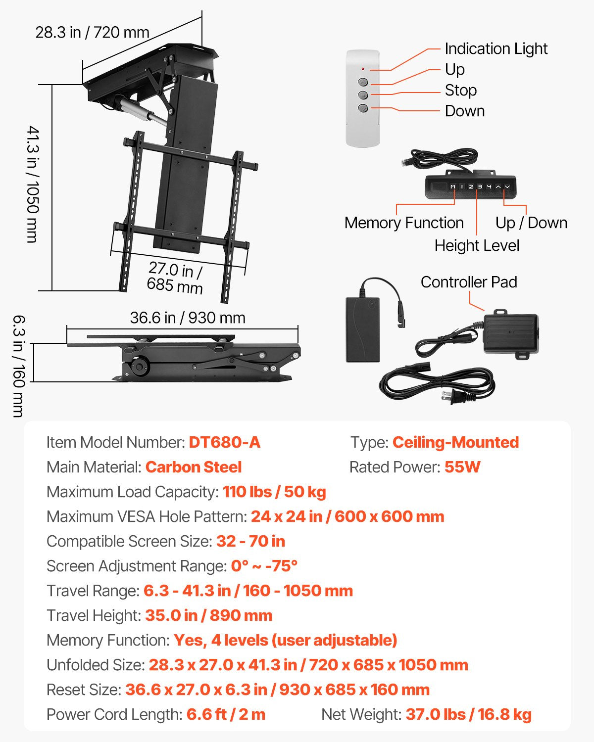 VEVOR Motorized TV Lift Ceiling Mount 32-70" 110lb Remote DT680-A