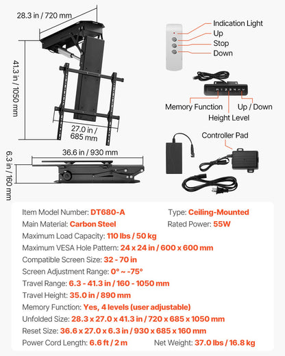 VEVOR Motorized TV Lift Ceiling Mount 32-70" 110lb Remote DT680-A