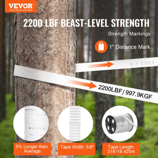 VEVOR Polyester Pull Tape, 58 x 318' Mule Tape Flat Rope, 2200 lbf Tensile Capacity, Printed Webbing Cable Pulling Tape for Packaging, Gardening, Commercial Electrical, Conduit Work, White