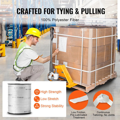 VEVOR Polyester Pull Tape, 58 x 318' Mule Tape Flat Rope, 2200 lbf Tensile Capacity, Printed Webbing Cable Pulling Tape for Packaging, Gardening, Commercial Electrical, Conduit Work, White
